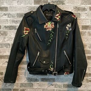 Bellivera Jacket Womens Large Faux Leather Black Embroidered Floral Print Moto